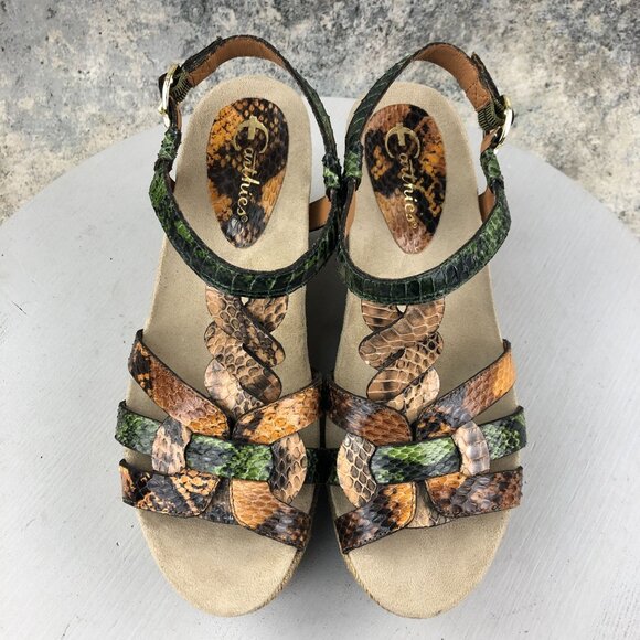 Earthies Women's Size 8.5B Corsica Green Leather Open Toe Espadrille Wedges - Picture 3 of 16